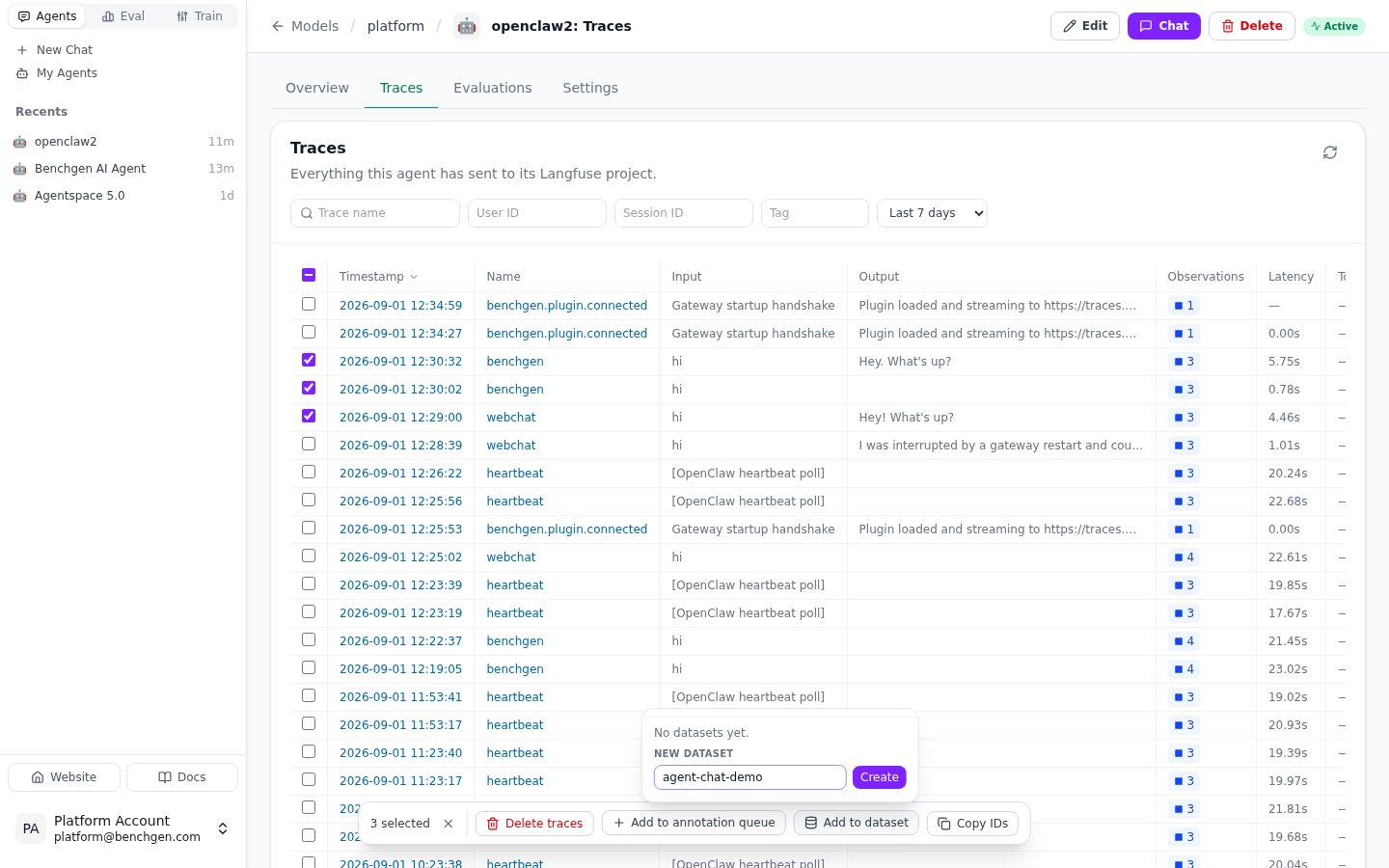 Three chat turns selected on the Traces tab with the Add to dataset dialog open, naming a new dataset agent-chat-demo
