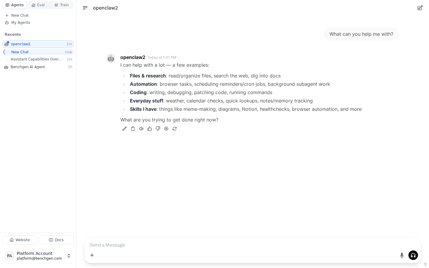 BenchGen chat with a connected OpenClaw agent answering a question
