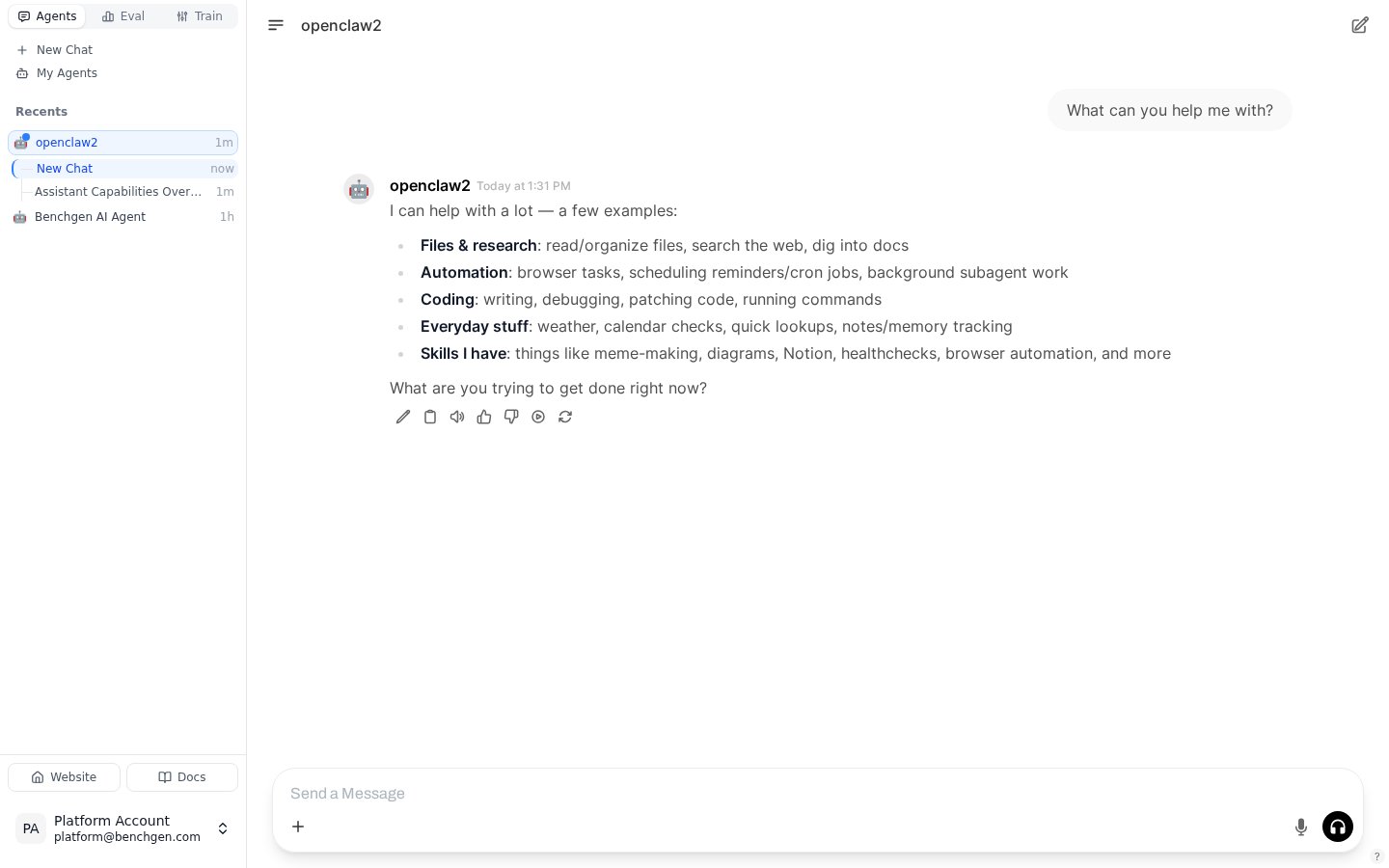 BenchGen chat with a connected OpenClaw agent answering a question