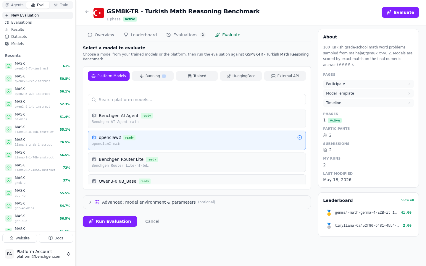 A benchmark's Evaluate tab with a connected OpenClaw agent selected under Platform Models