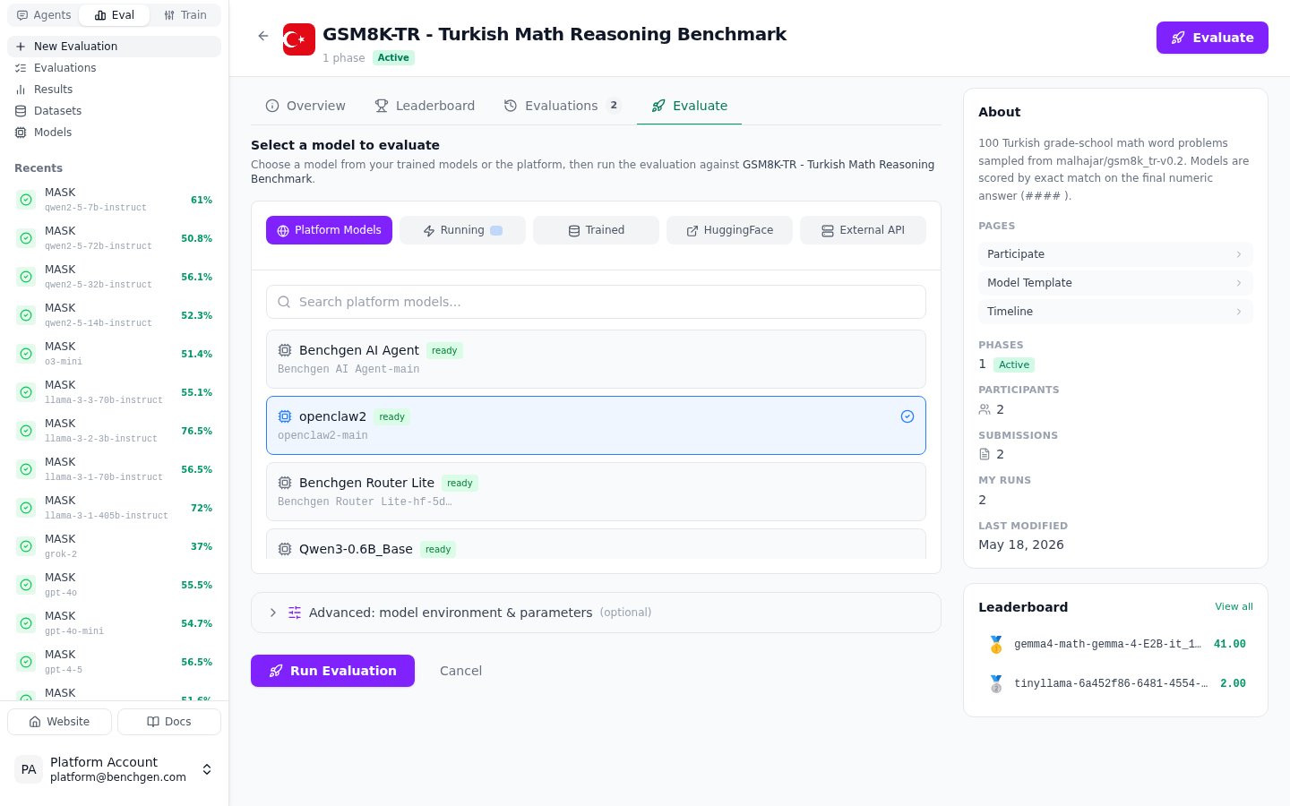 A benchmark's Evaluate tab with a connected OpenClaw agent selected under Platform Models