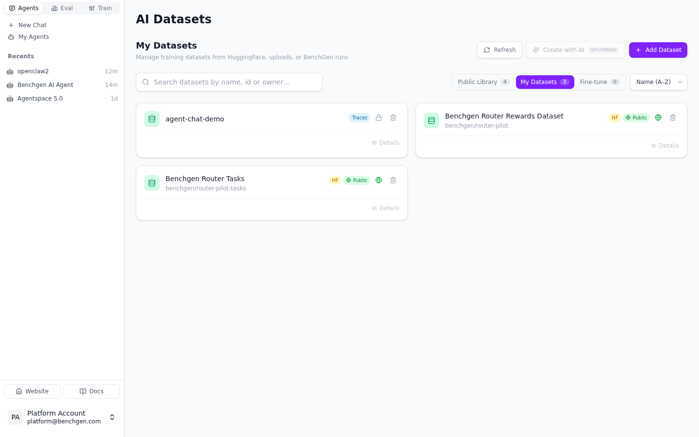 The Datasets page with a trace-built dataset carrying a Traces badge
