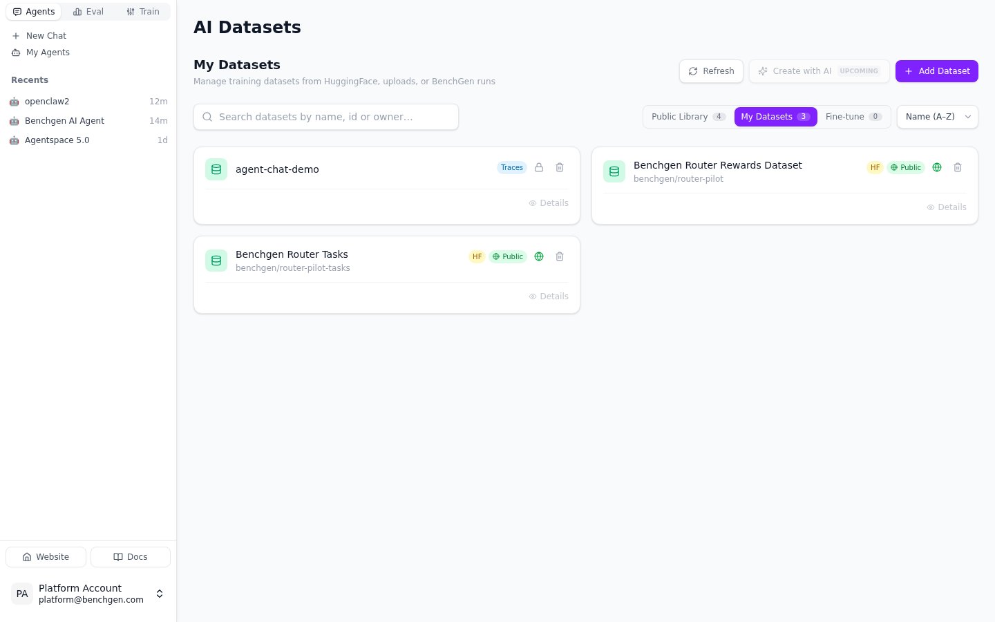 The Datasets page with a trace-built dataset carrying a Traces badge