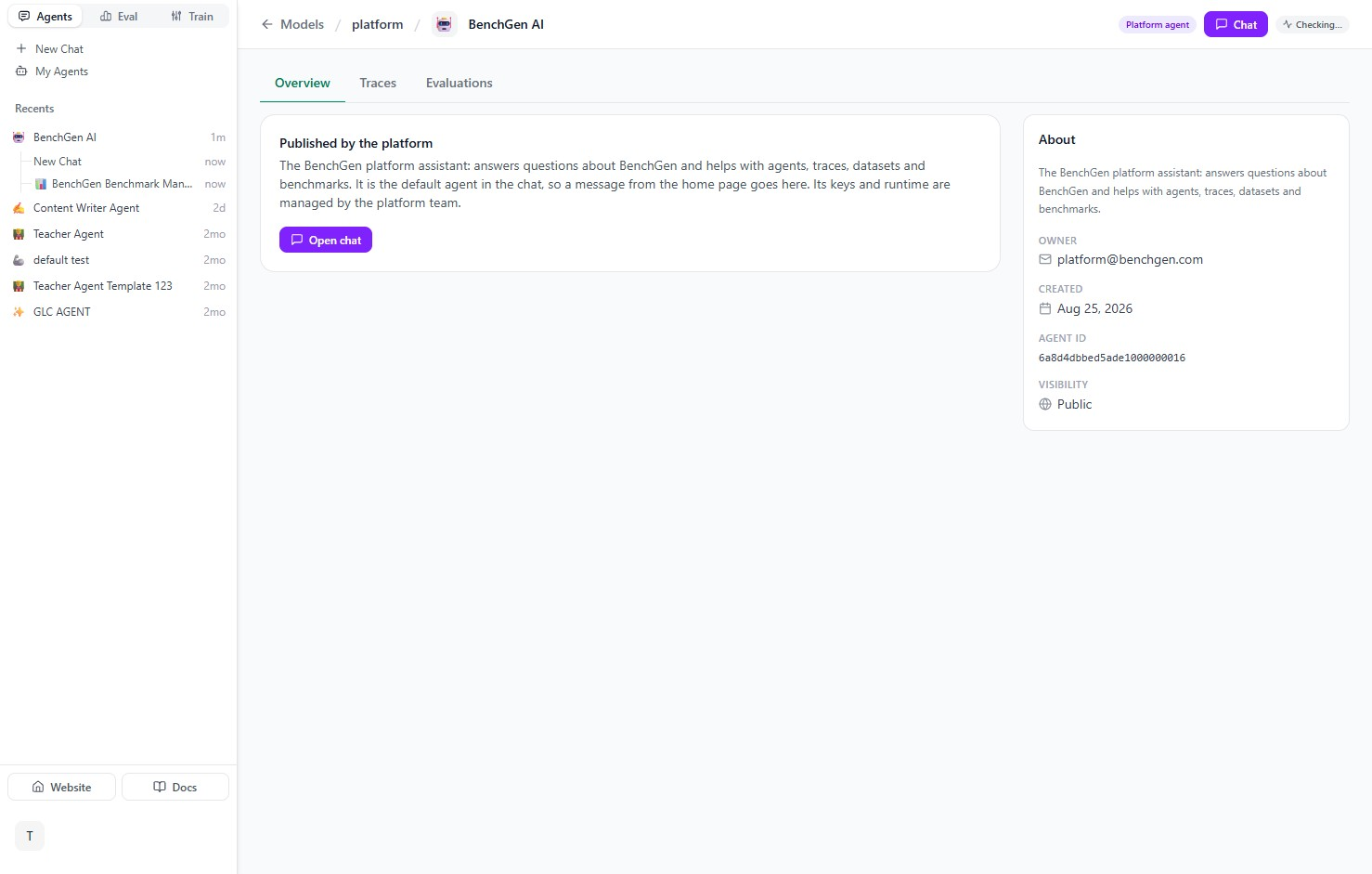 BenchGen AI agent overview page