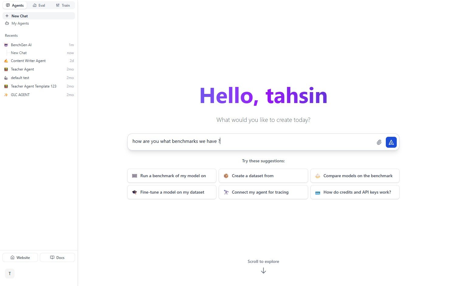 BenchGen AI home screen with an example question