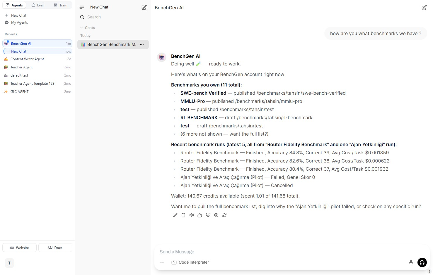 Example BenchGen AI chat conversation