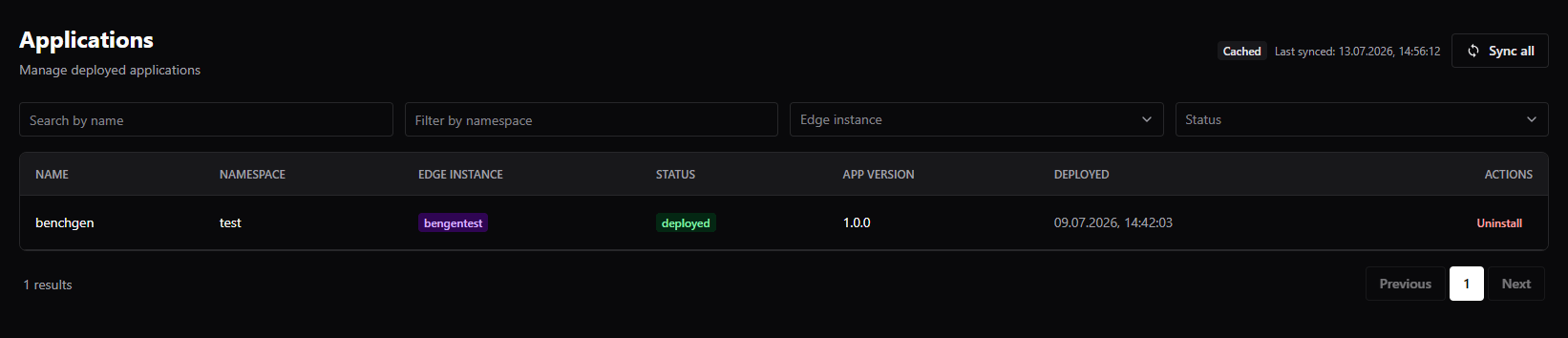 Applications list showing the benchgen release as deployed