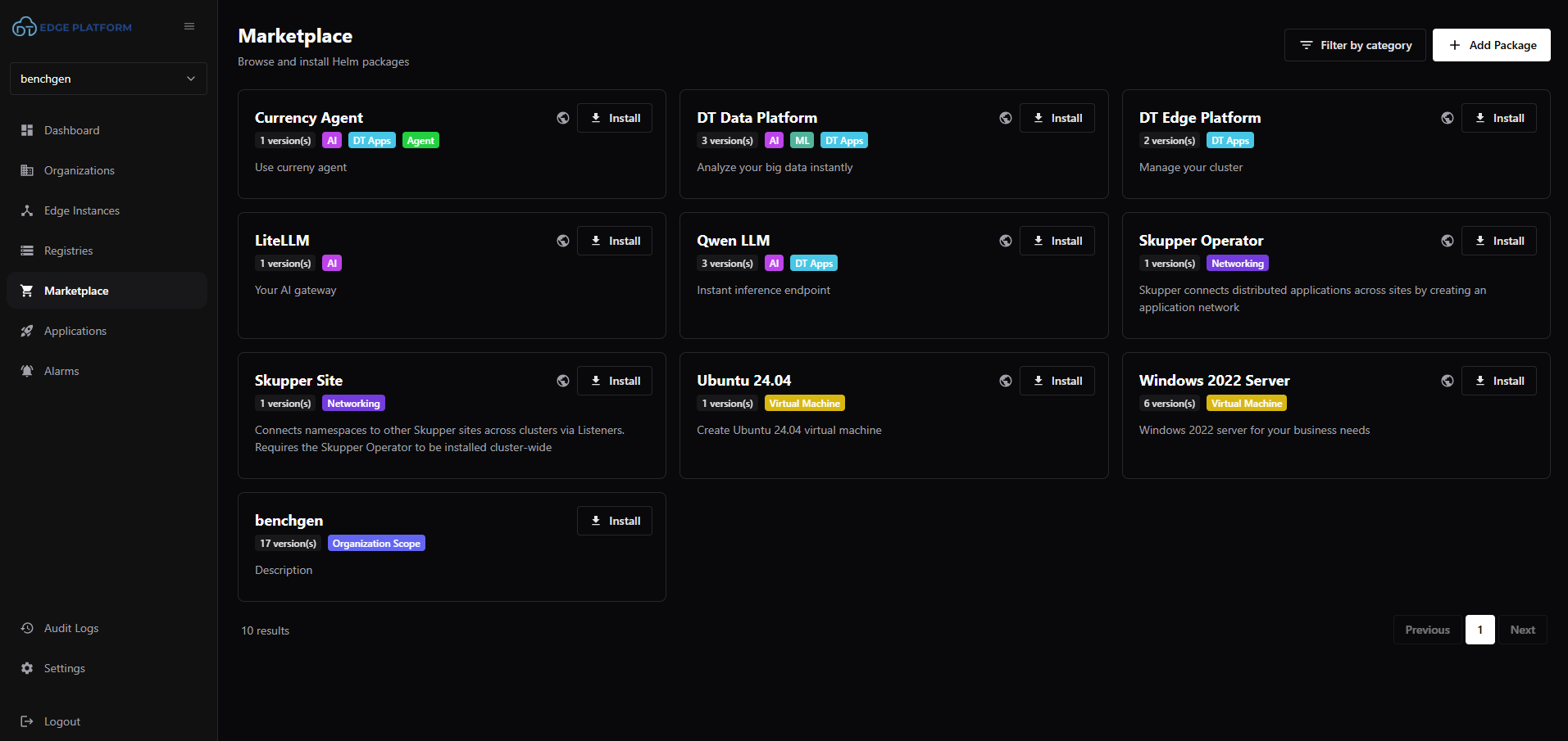 DT Edge Platform marketplace with the benchgen Helm package