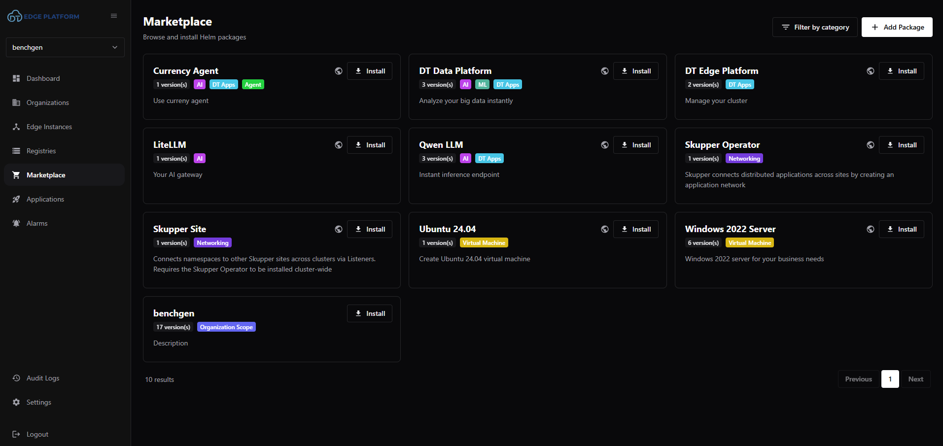 DT Edge Platform marketplace with the benchgen Helm package