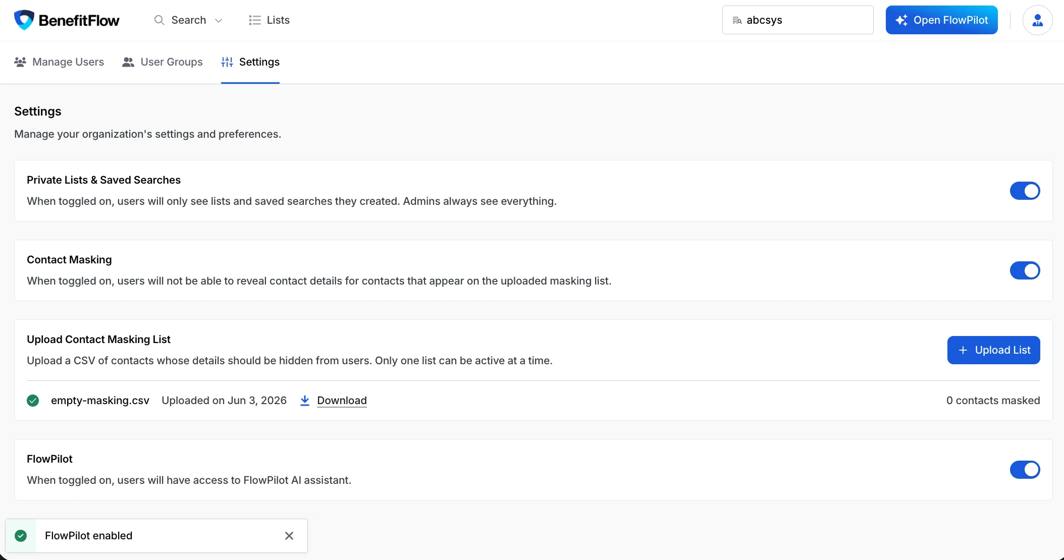 FlowPilot admin toggle enabled in Team Settings