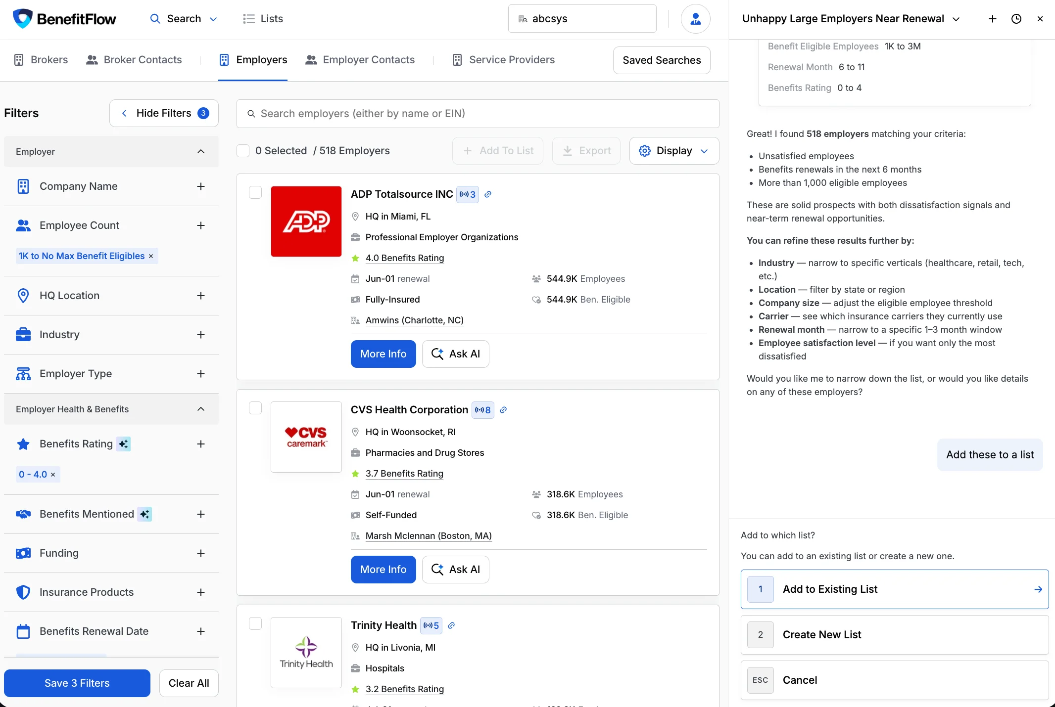 FlowPilot building a target list from a conversational prompt and adding the results to a list