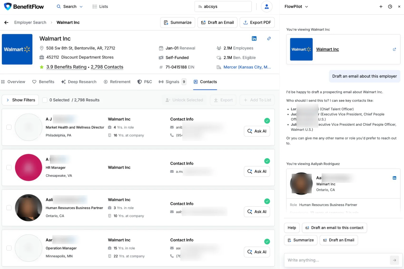 FlowPilot drafting an outreach email and surfacing the right decision-makers for an employer