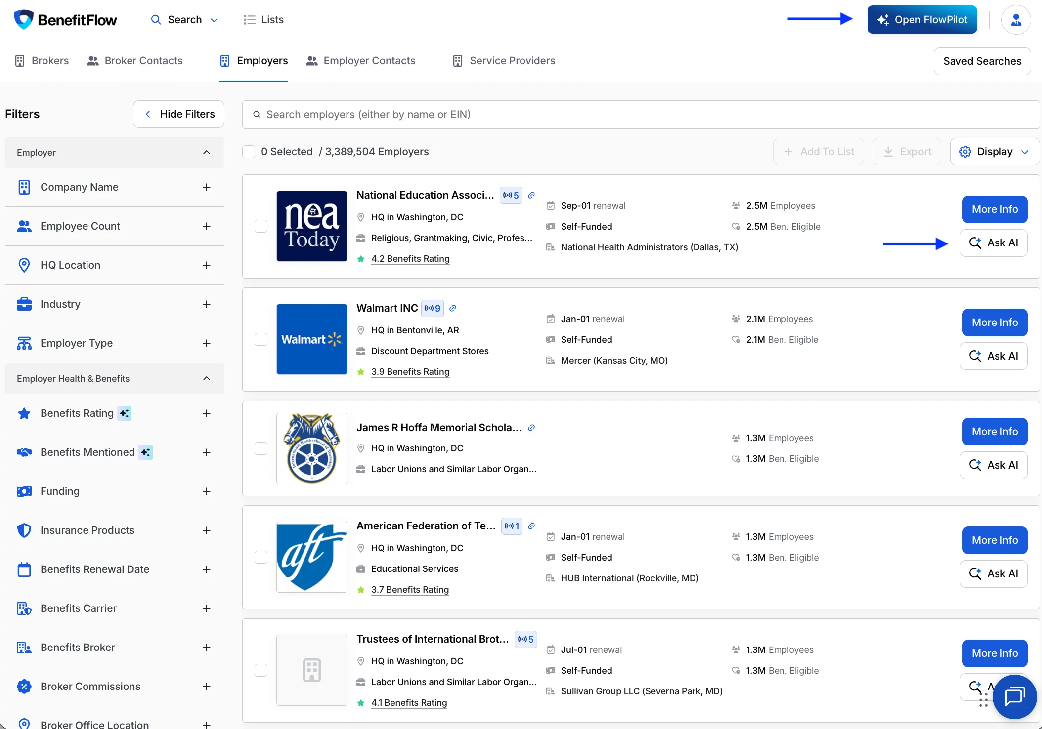 The Open FlowPilot button in the top nav and the Ask AI button on each search result