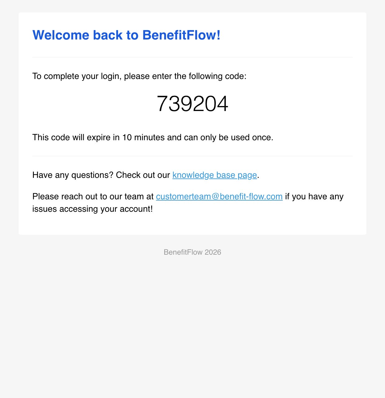 BenefitFlow email containing a six-digit authentication code