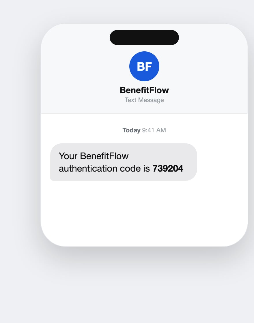 BenefitFlow text message containing a six-digit authentication code