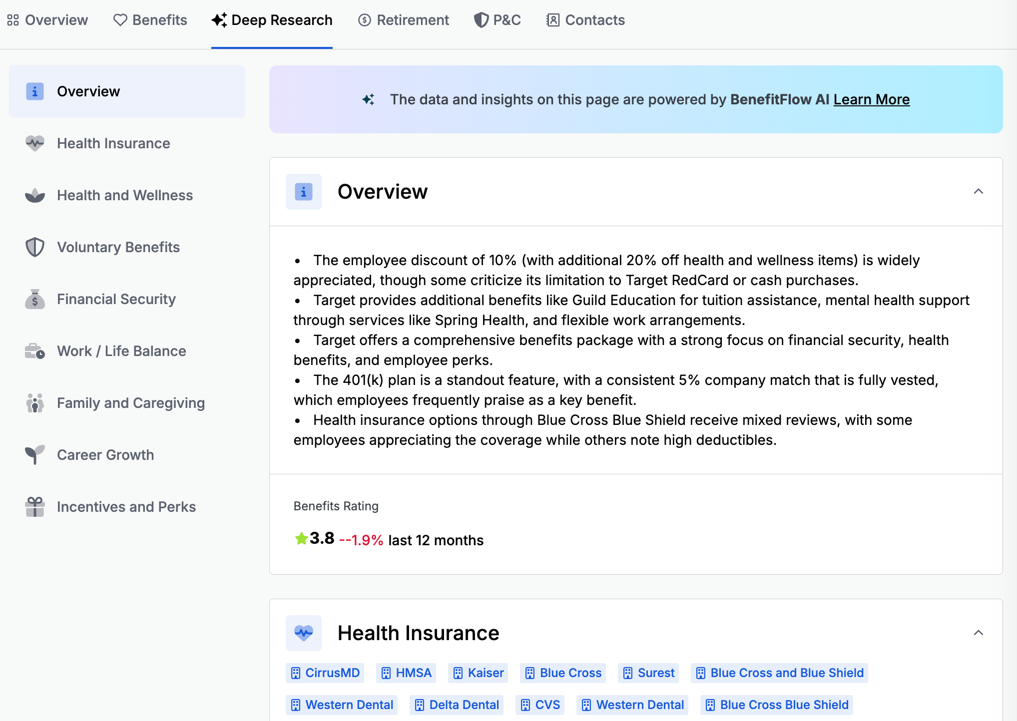 Visual of Deep Research report in the BenefitFlow platform