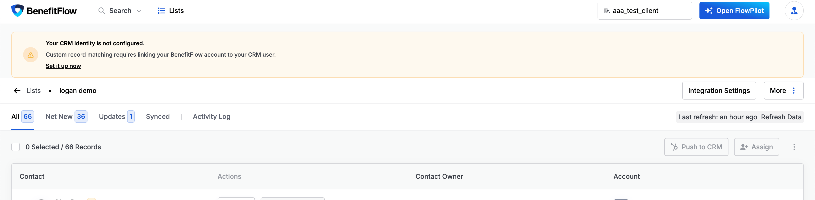 Yellow warning banner reading: 'Your CRM Identity is not configured. Custom record matching requires linking your BenefitFlow account to your CRM user.'