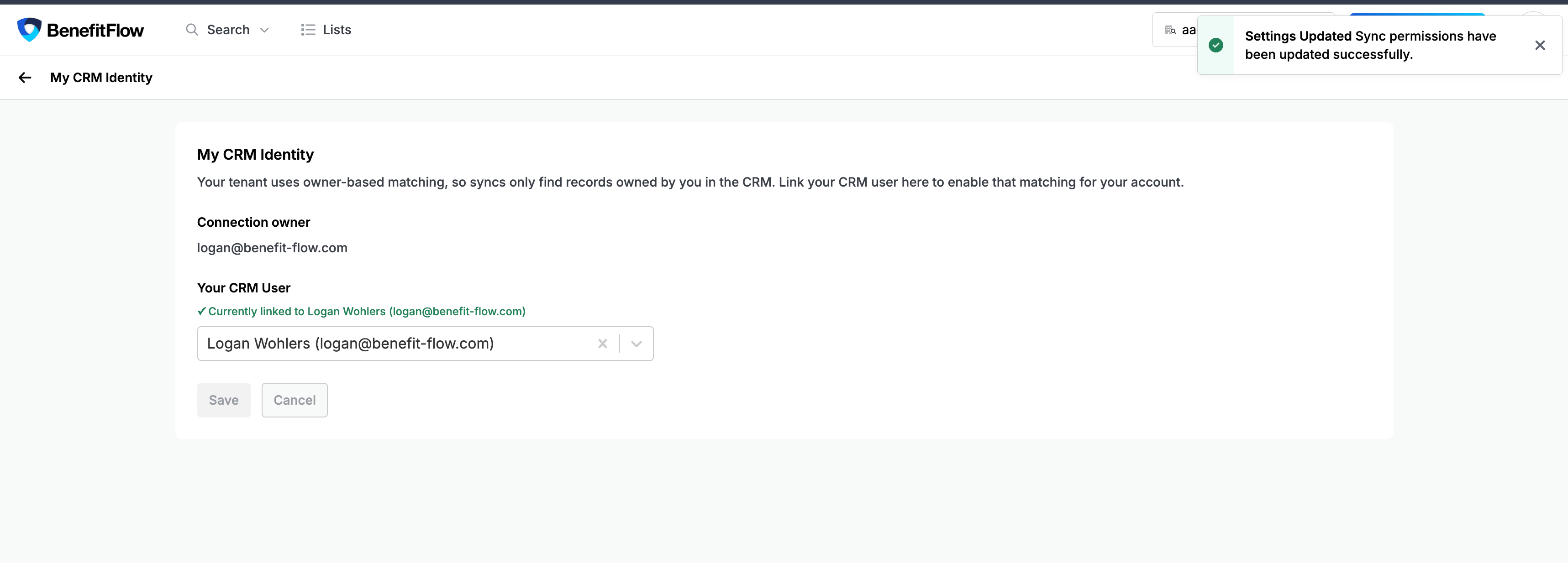 My CRM Identity page in confirmed state with green 'Currently linked to' confirmation and a 'Settings Updated' success toast.