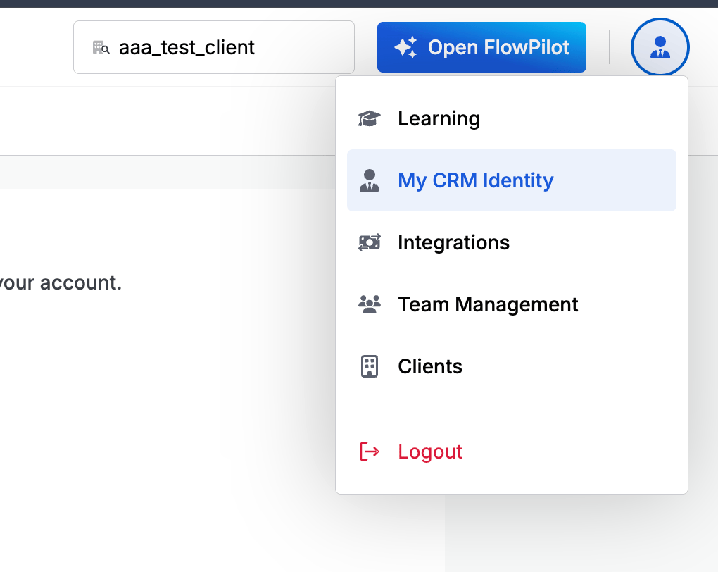 Top-right user menu showing 'My CRM Identity' option highlighted between Learning and Integrations.