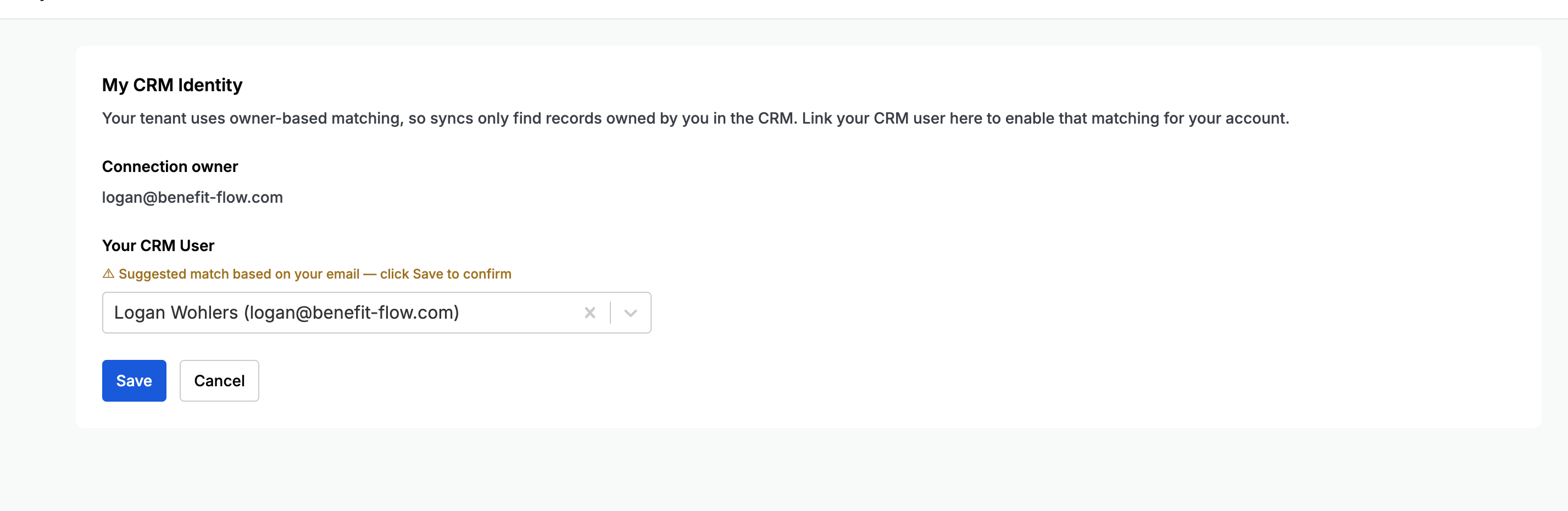 My CRM Identity page showing a suggested CRM user match with a warning to click Save to confirm.