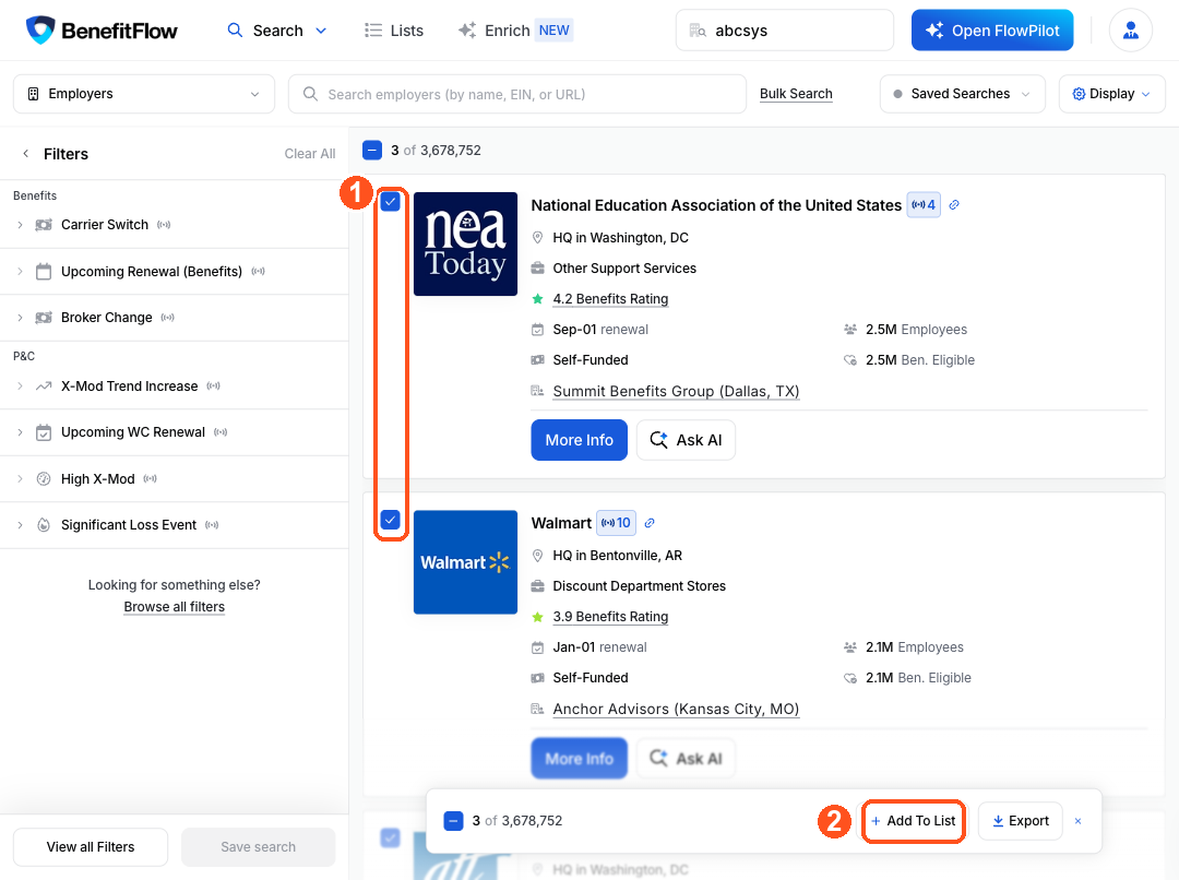 Employer search with records selected and the Add To List button in the selection bar