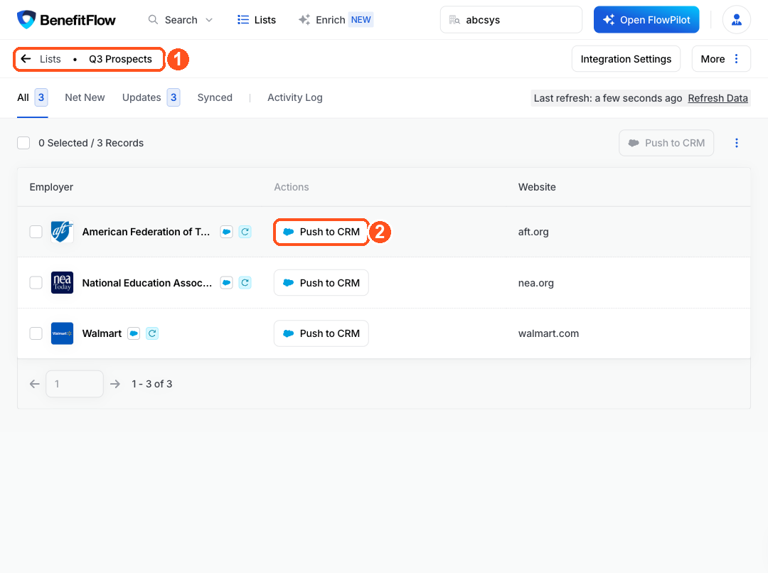 An opened list showing its records, each with a Push to CRM button
