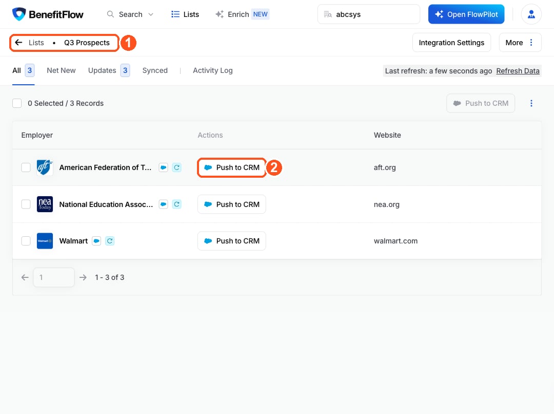 An opened list showing its records, each with a Push to CRM button
