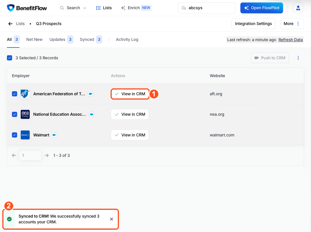 After syncing, each record shows View in CRM and a message confirms the records synced to your CRM
