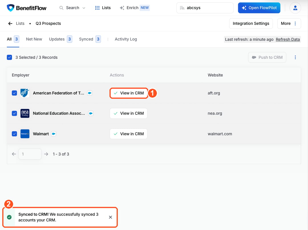 After syncing, each record shows View in CRM and a message confirms the records synced to your CRM