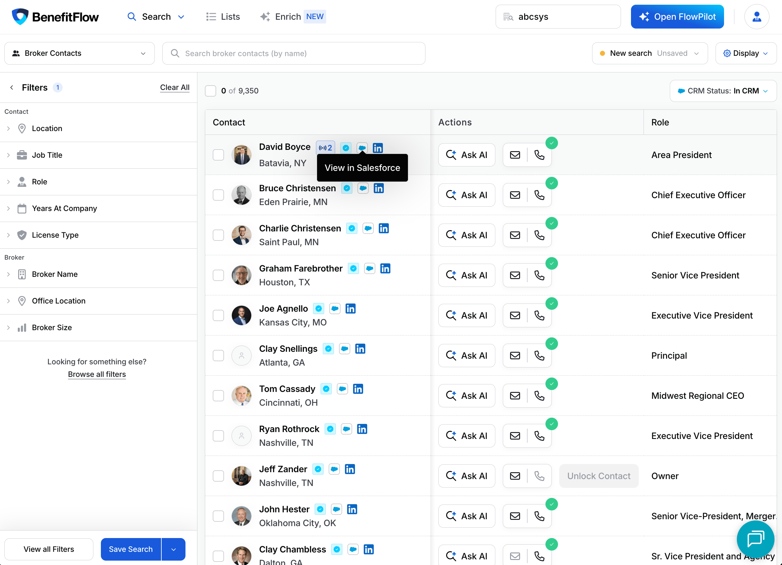 Broker Contacts search filtered to In CRM, with cloud badges linking synced contacts to the CRM