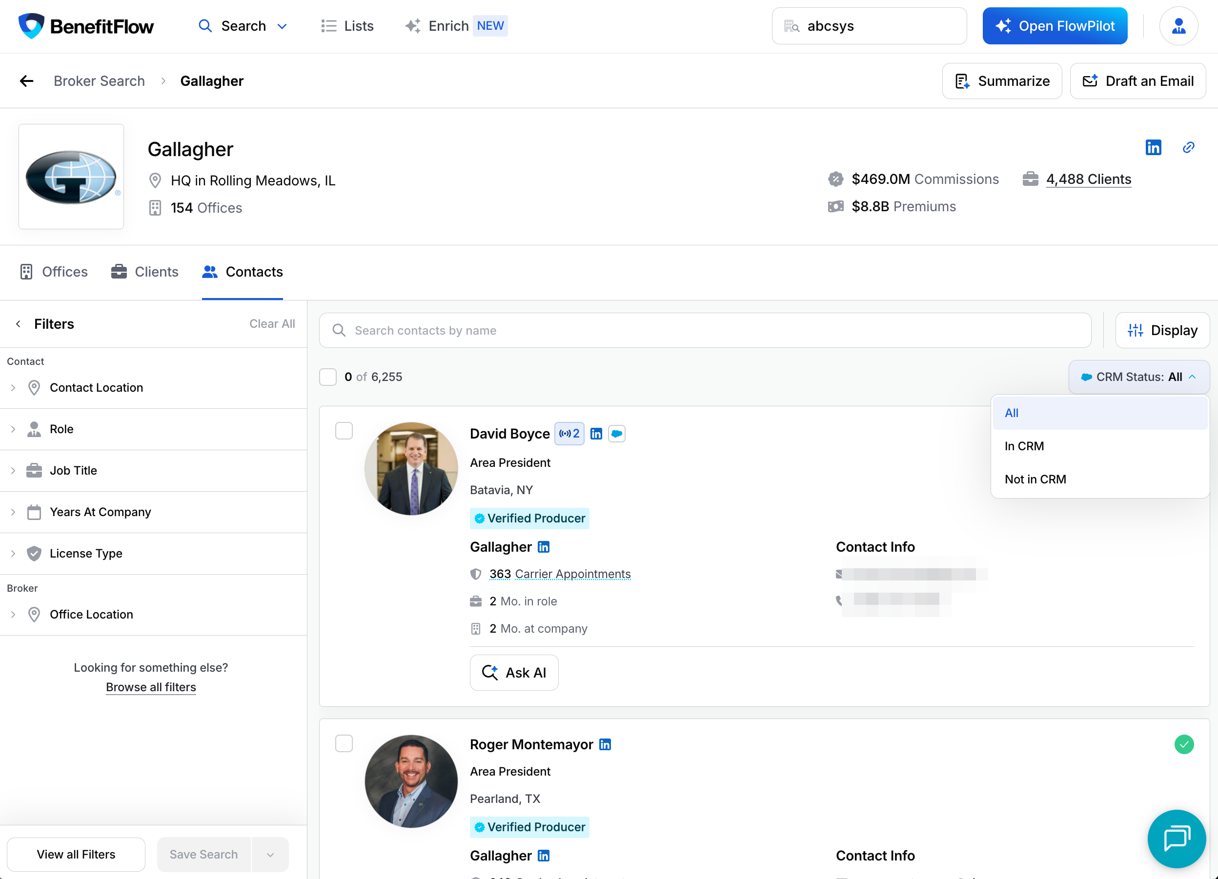 CRM Status dropdown at the top of a contact search, showing All, In CRM, and Not in CRM options