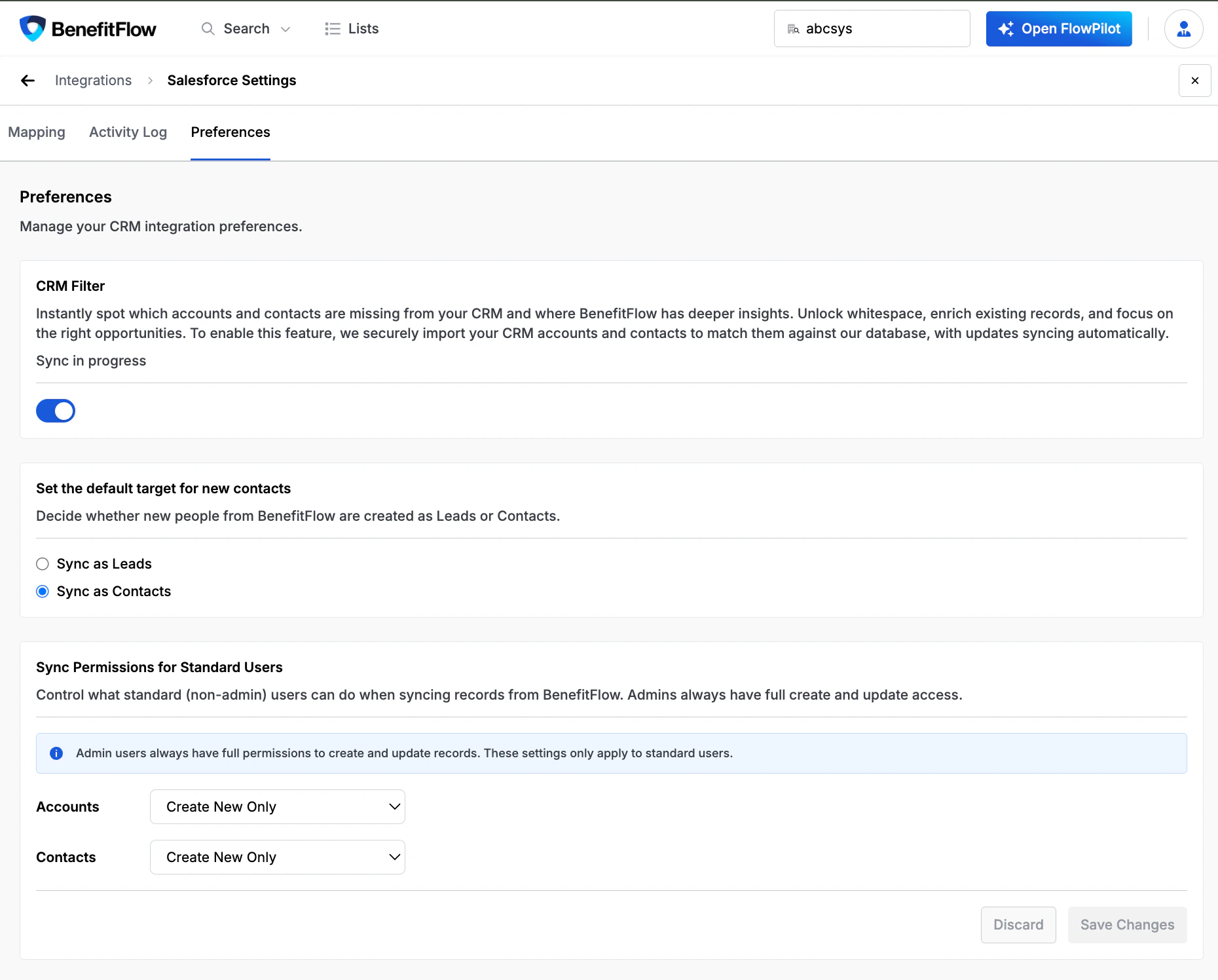 Sync Permissions for Standard Users section in Integration Settings Preferences tab