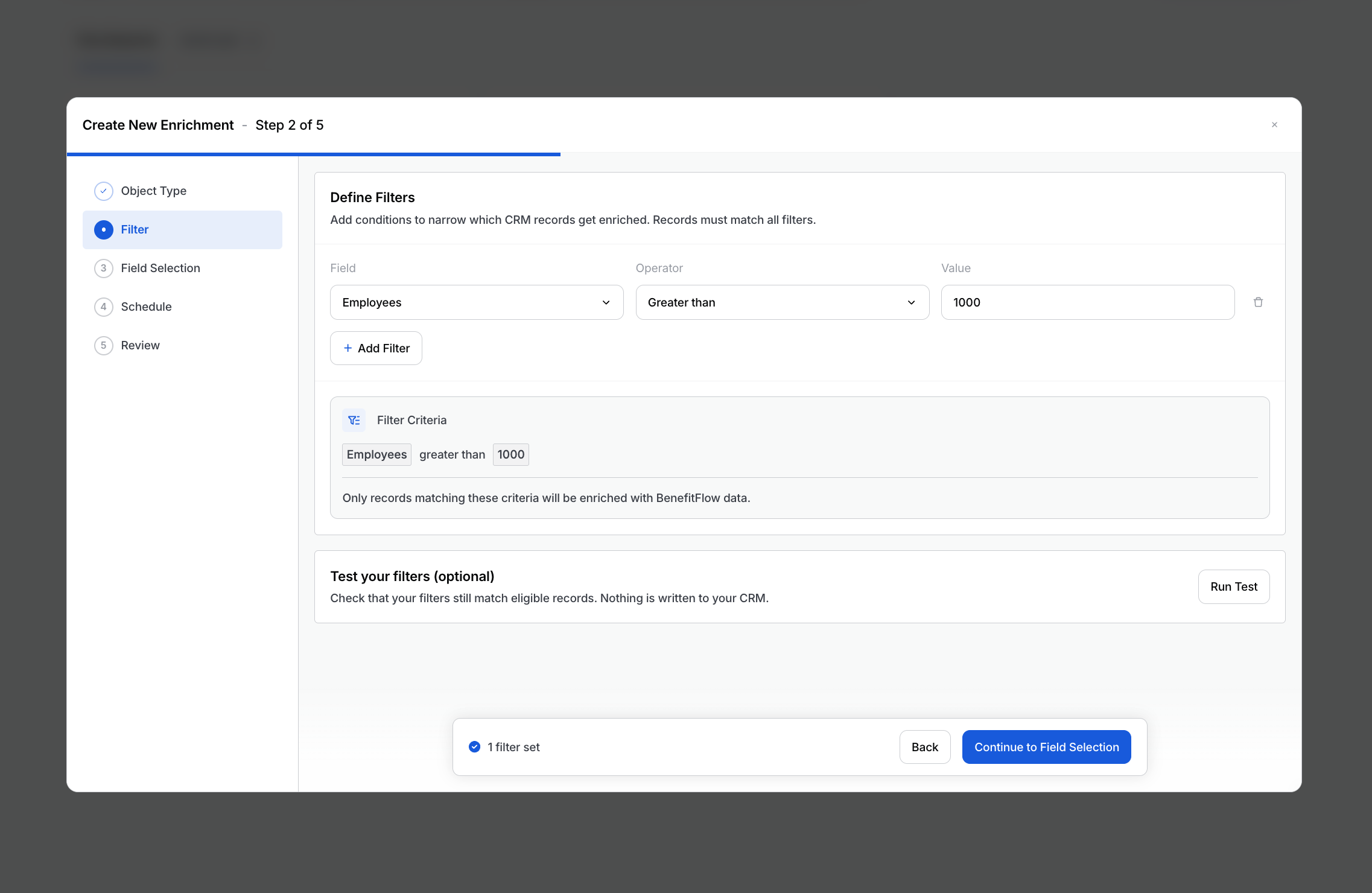 Step 2 filter check confirming that filters match eligible records