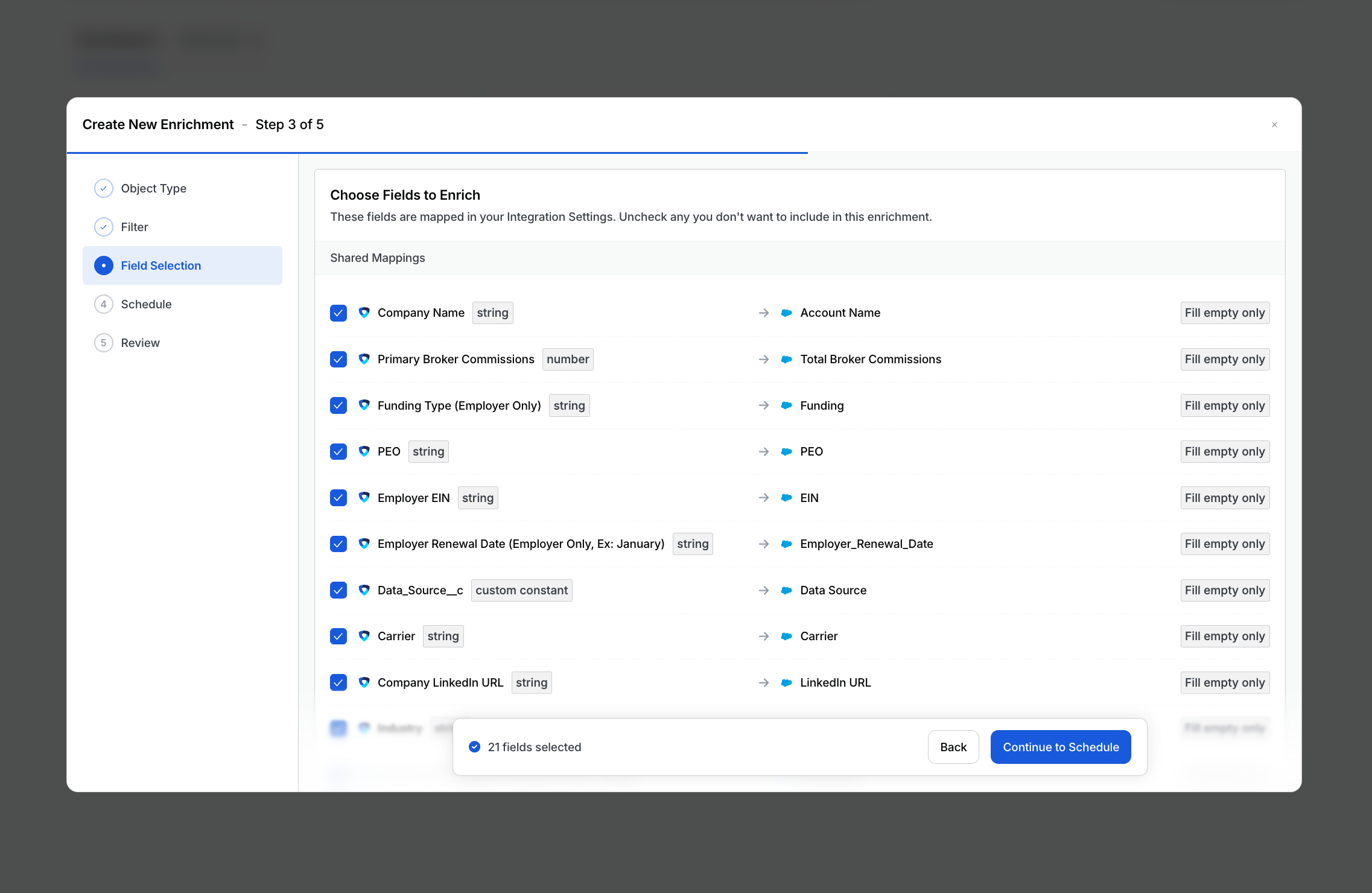 Step 3: choosing which mapped fields to enrich and their overwrite behavior