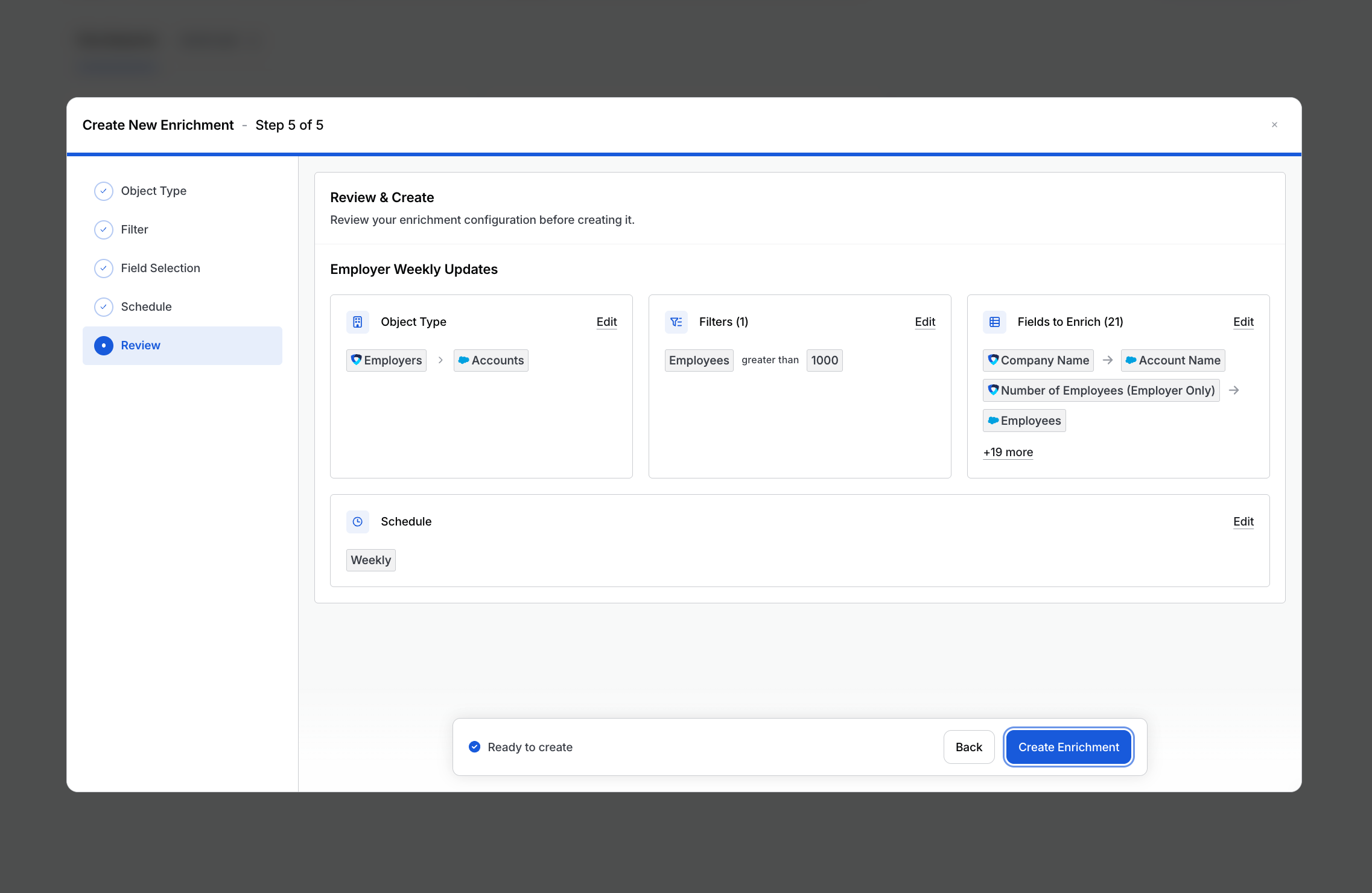 Step 5: reviewing the object, filters, fields, and schedule before creating
