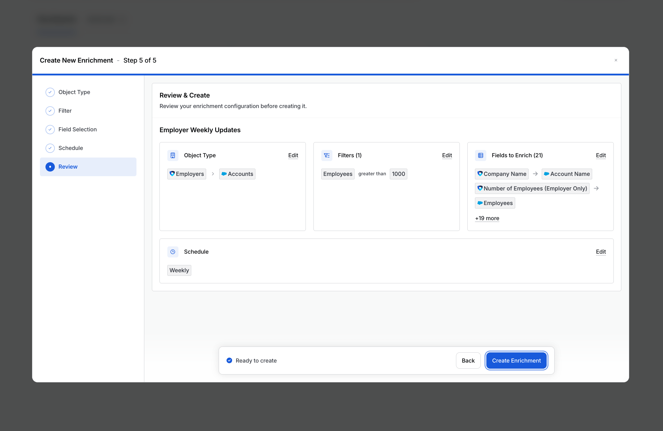 Step 5: reviewing the object, filters, fields, and schedule before creating