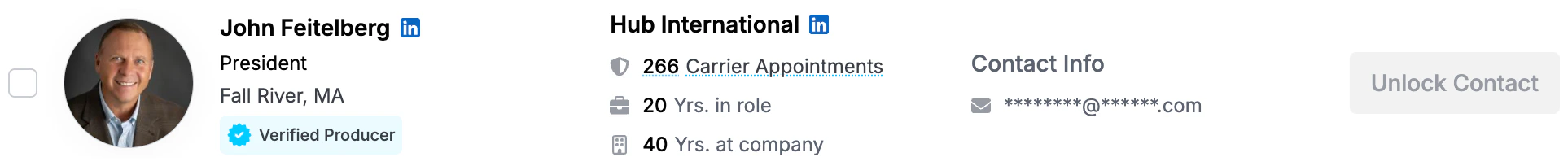 Broker contact card showing masked email and disabled Unlock Contact button