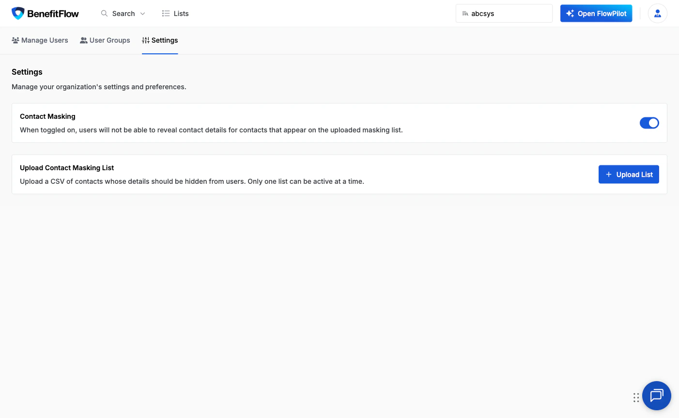 Admin settings page showing the Contact Masking section
