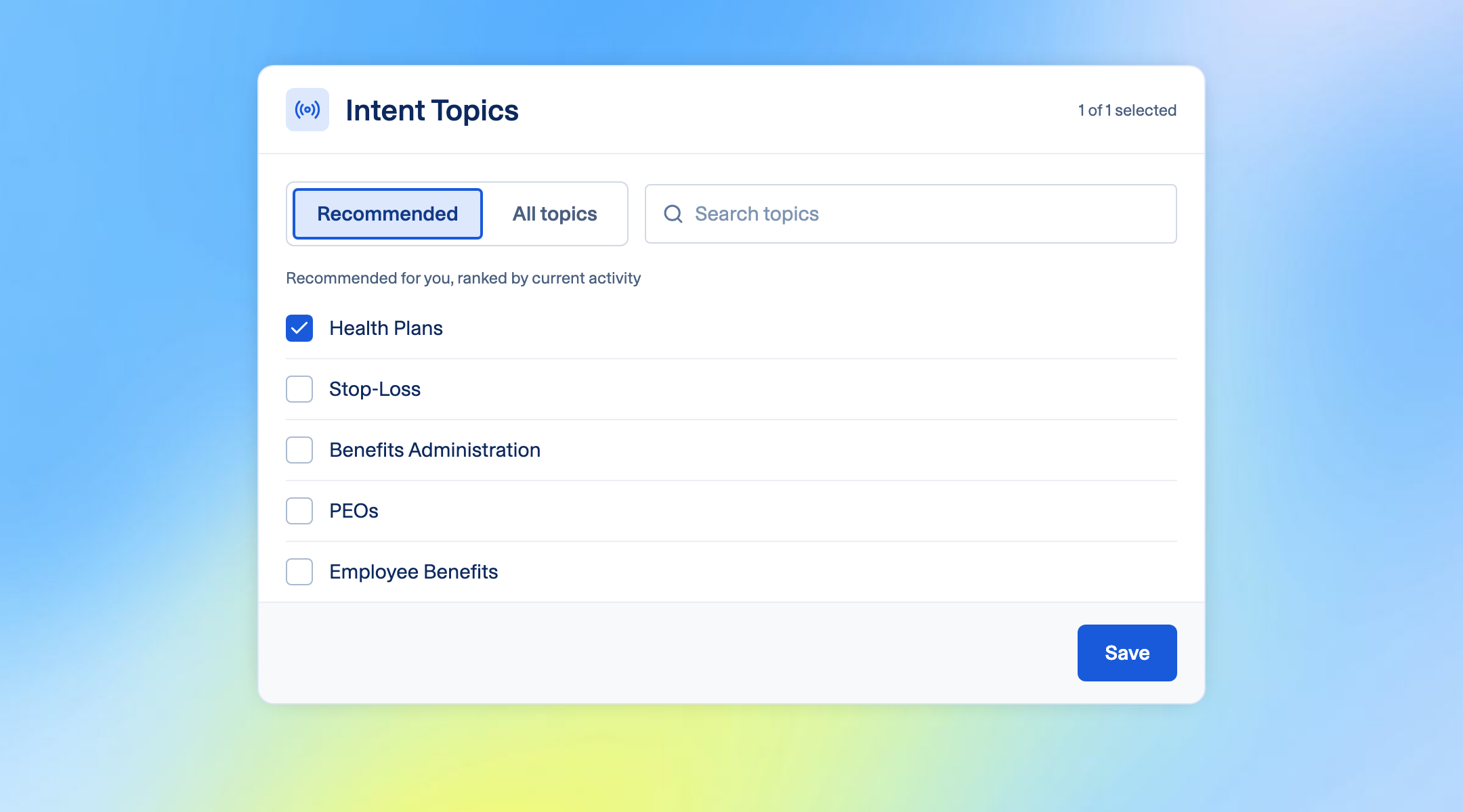 The Intent Topics picker with the Recommended view selected and Health Plans checked