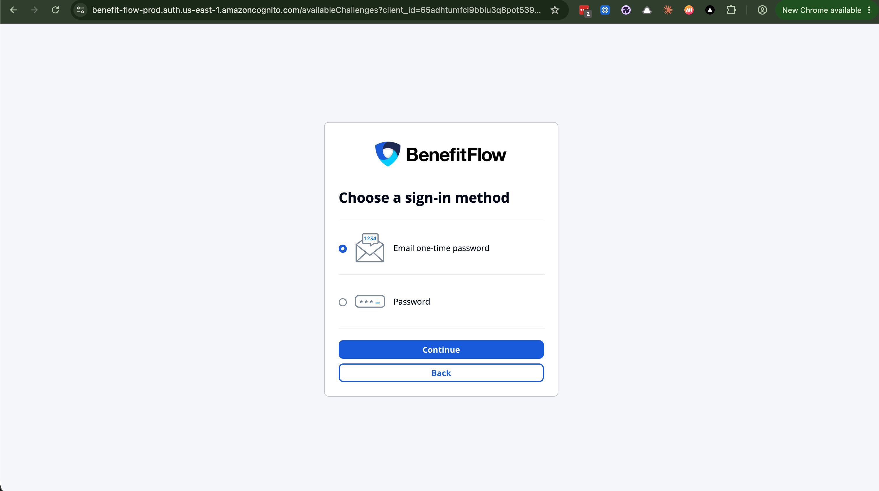 Choose a sign-in method screen with Email one-time password selected