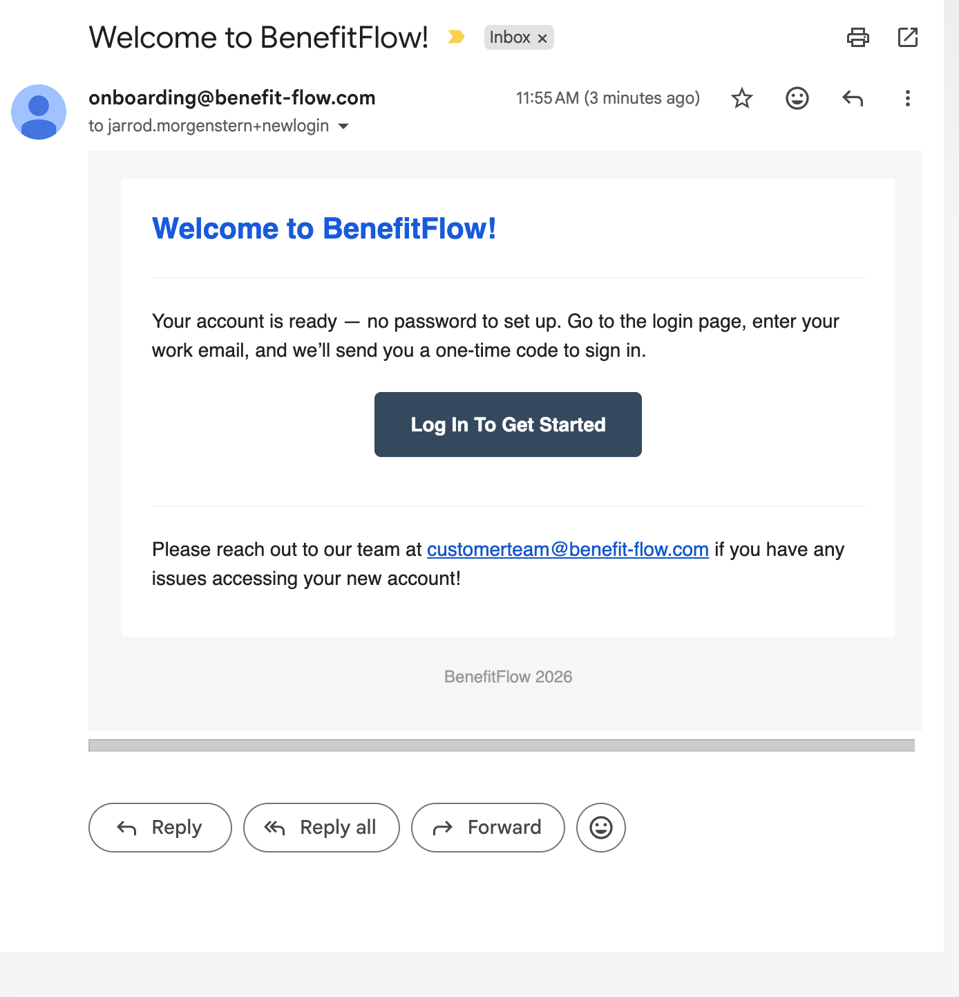BenefitFlow welcome email: your account is ready, no password to set up, with a Log In To Get Started button