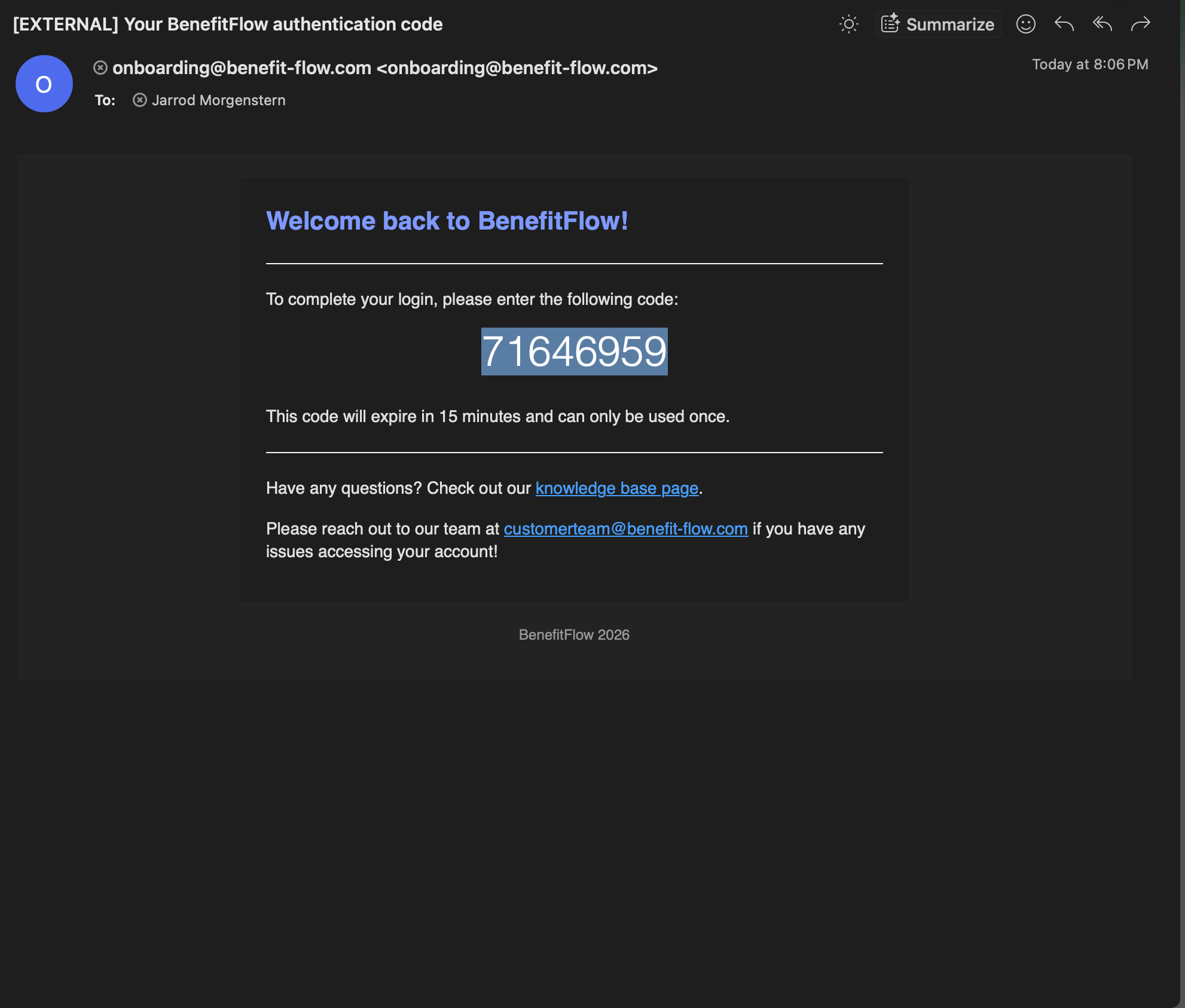 The one-time sign-in code email from onboarding@benefit-flow.com