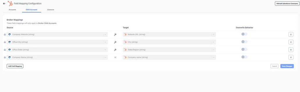 Mapping Table for Child Accounts