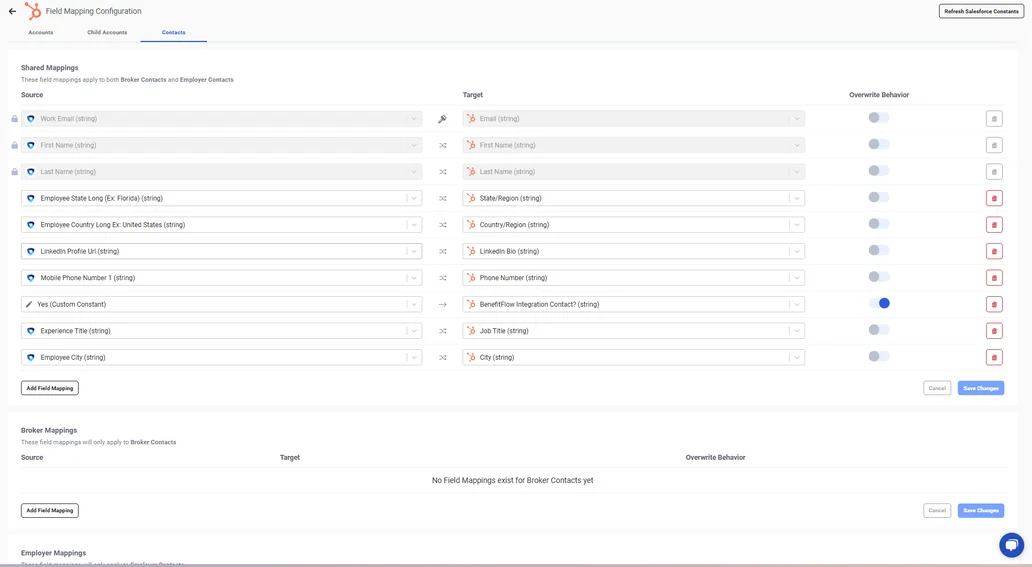Mapping Table for Contacts