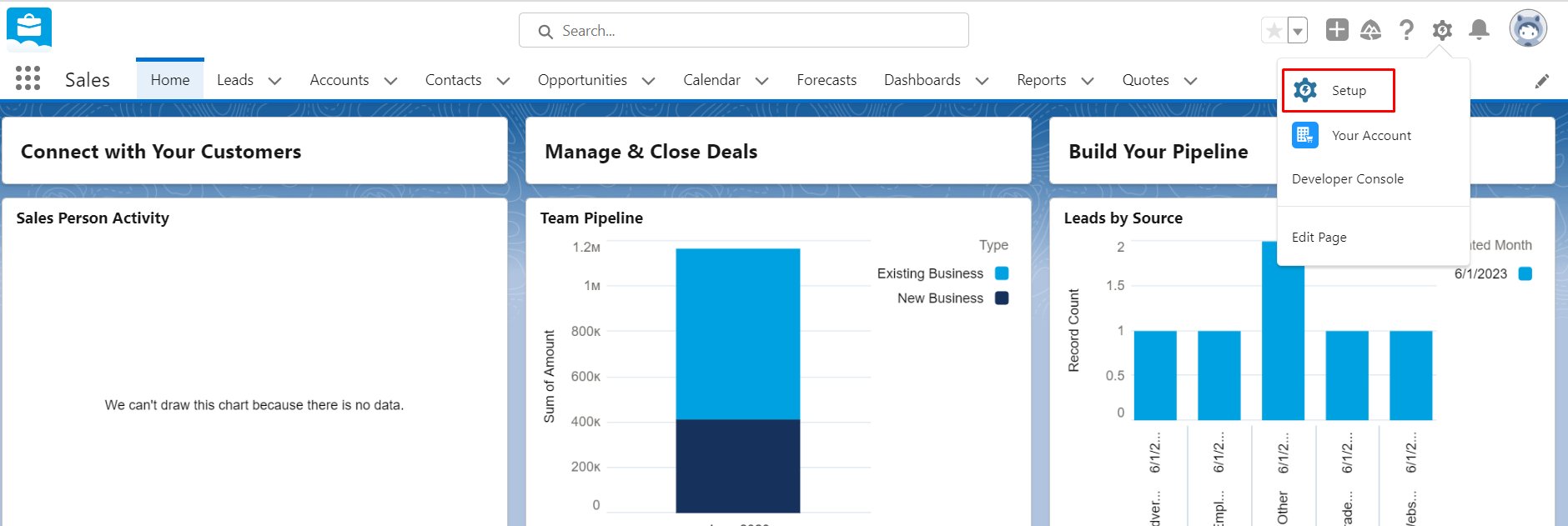 Login to Salesforce and click the “Setup” button in the top right of your screen