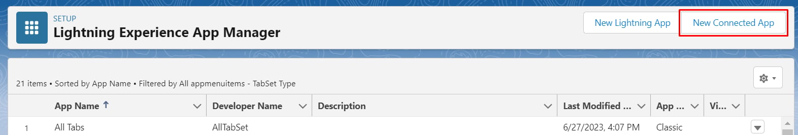 Create a new connected app by clicking the “New Connected App” button on the top right of the screen