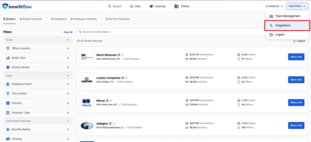 Navigate to the “Integrations” page in BenefitFlow