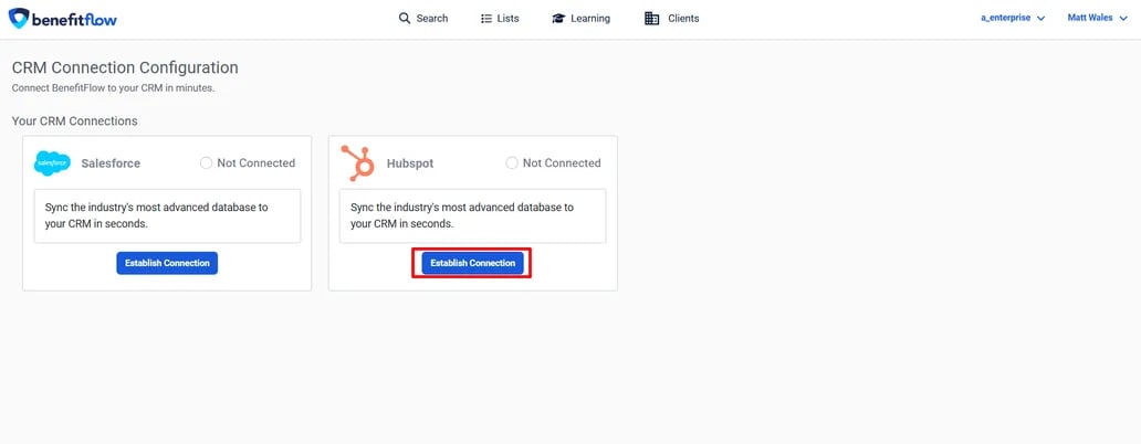 Click the “Establish Connection” button to connect to HubSpot