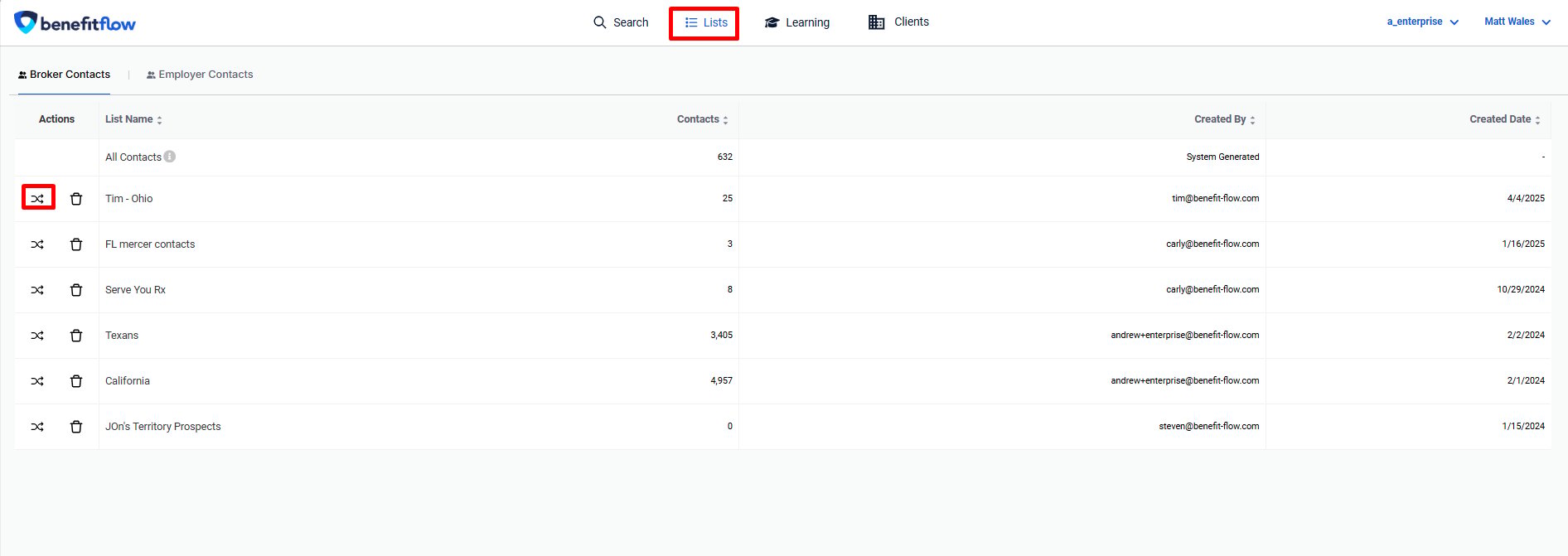 Lists page showing a selected list with the Sync button highlighted