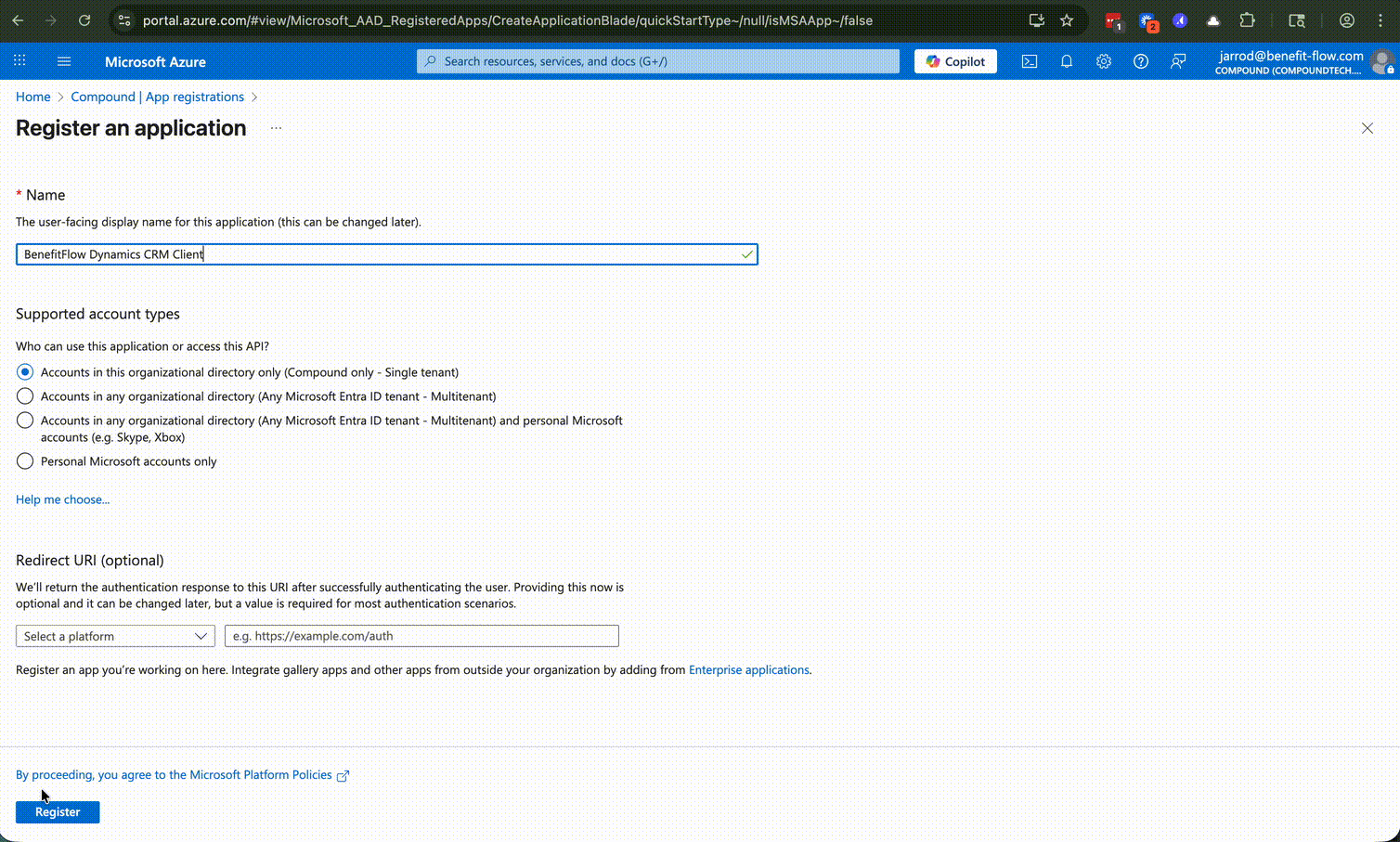 Generate and save the Client Credentials and App Secret for your new application